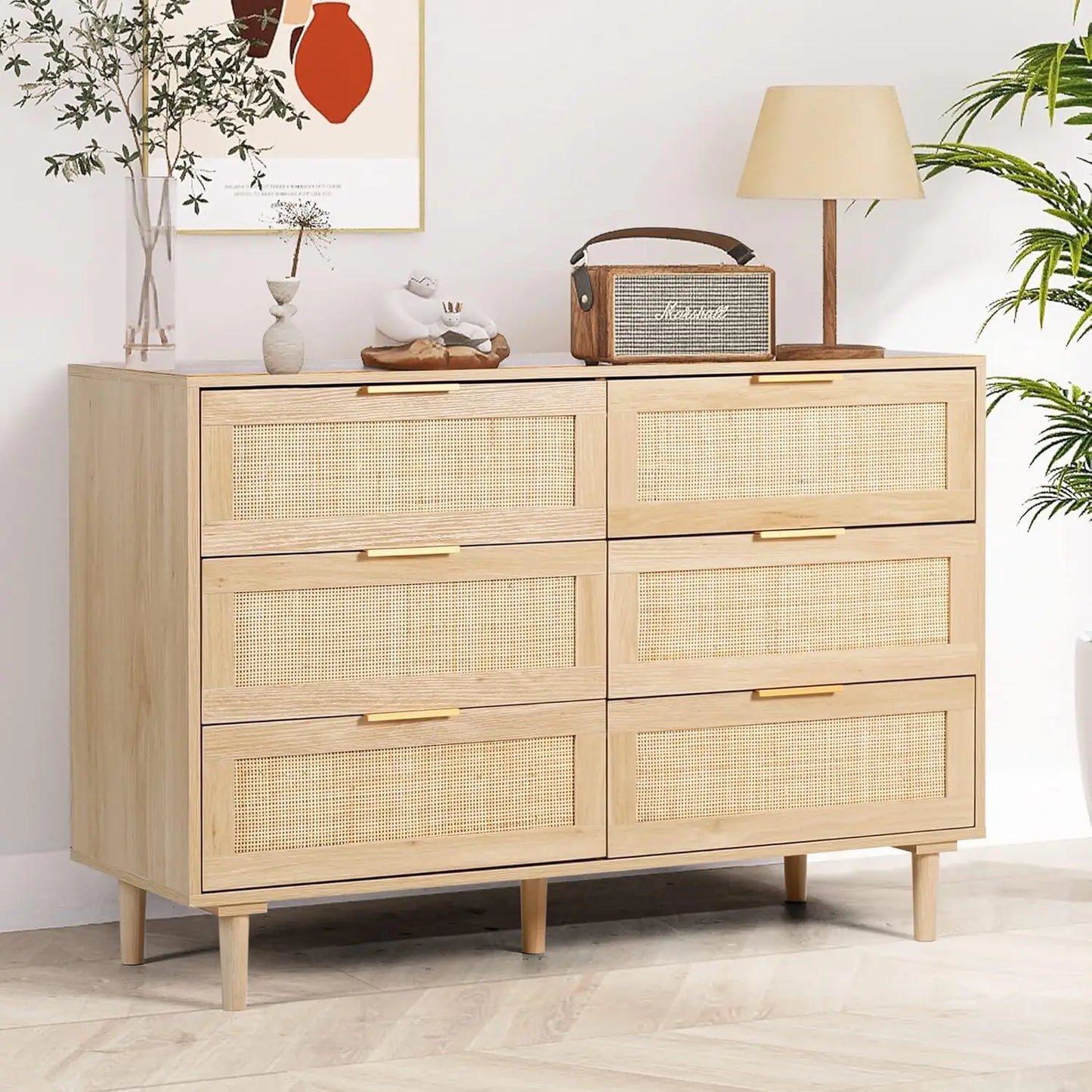 6 Drawer Rattan Dresser Modern Chest of Drawers Storage for Bedroom