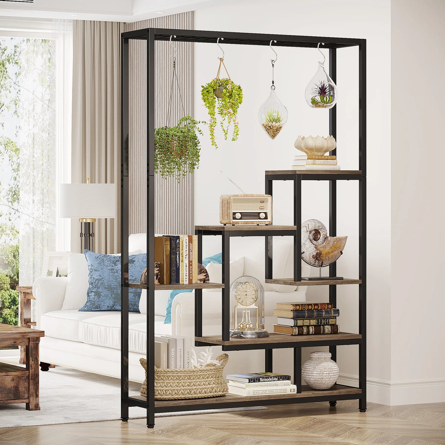 Ljustra 5 Tier Tall Indoor Plant Stand Shelf with Hanging Hooks