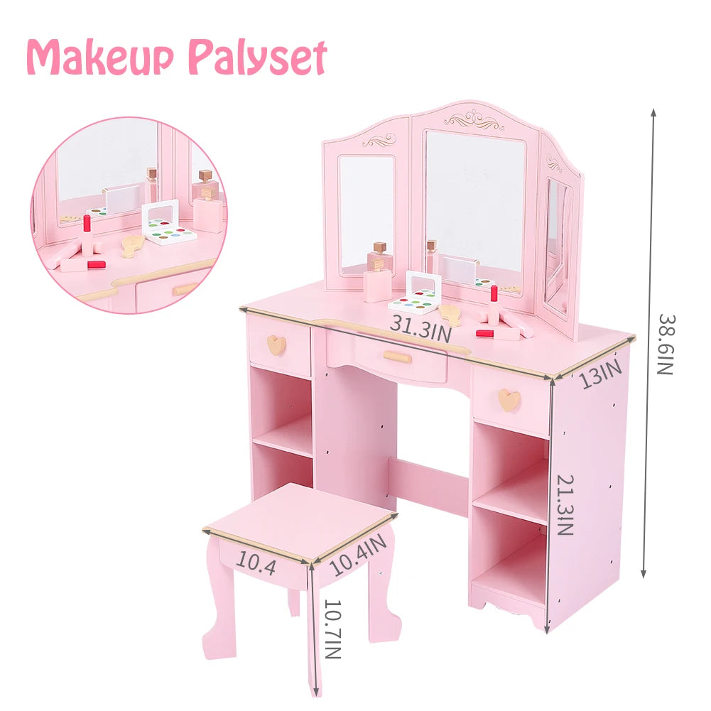 Girls Vanity Table and Chair Set Kids Makeup Dressing Table Wood Toy