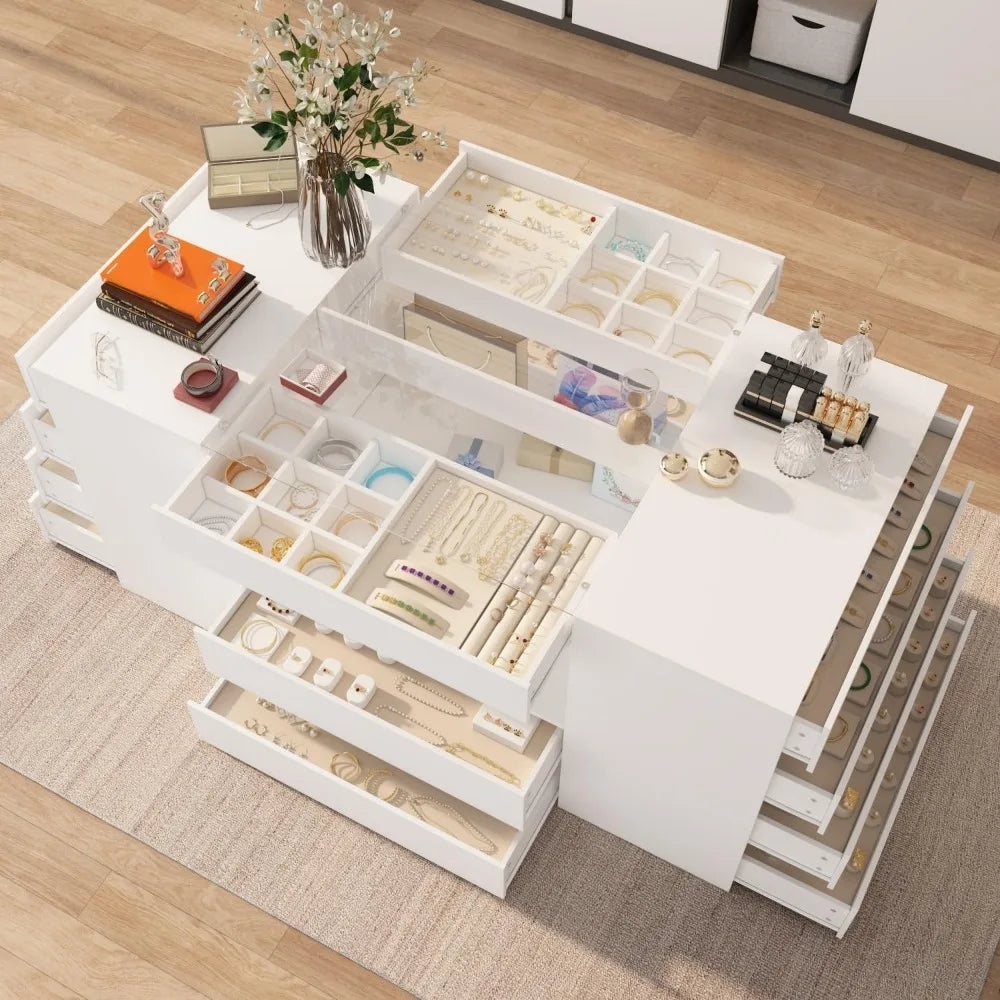 Armoire Bedroom Island Wardrobe Closet with 14 Drawers Glass Tabletop