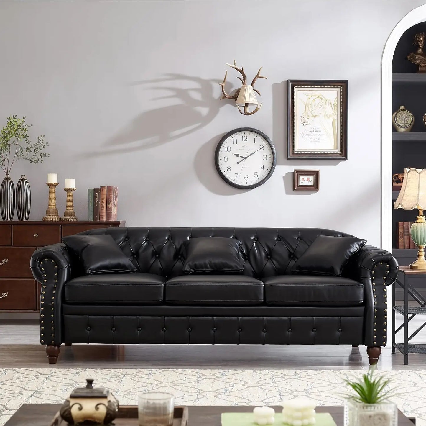 Ljustra 85.8" PU Leather Chesterfield Sofa 3-Seater with Storage & Tufted Design
