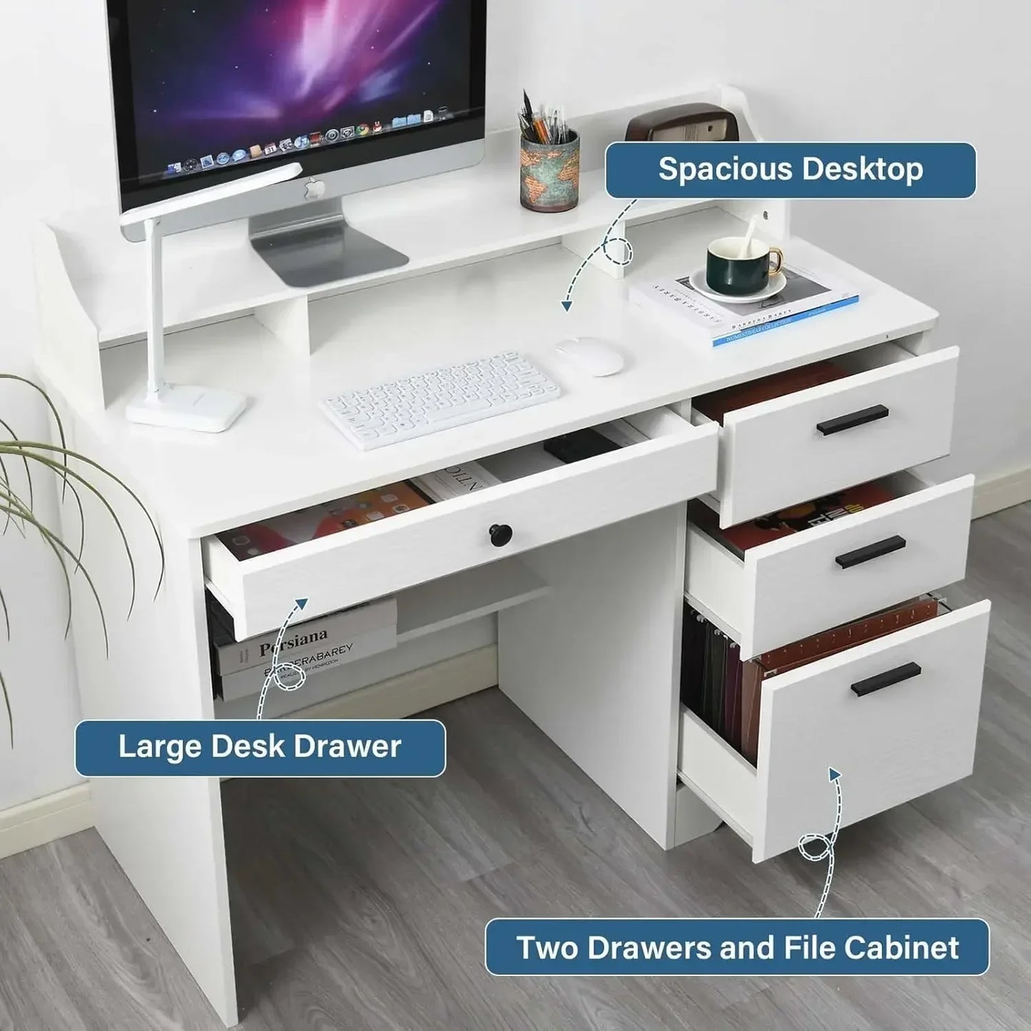 White Desk 4 Drawers Computer Desk Wood Writing Workstation Student Desk