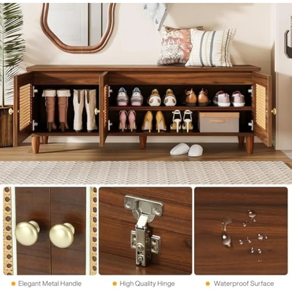 Ljustra Shoe Bench Lift Top Storage 2-Tier Entryway Cabinet Rattan Doors