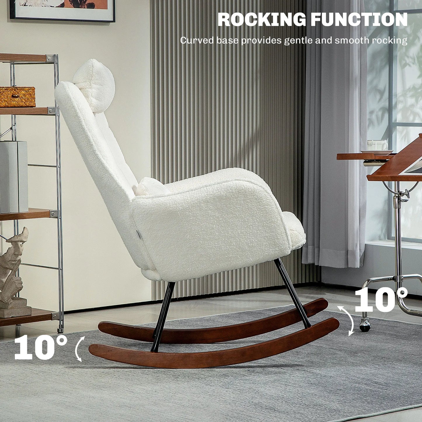 Modern Boucle Rocking Chair with Headrest and Lumbar Pillow