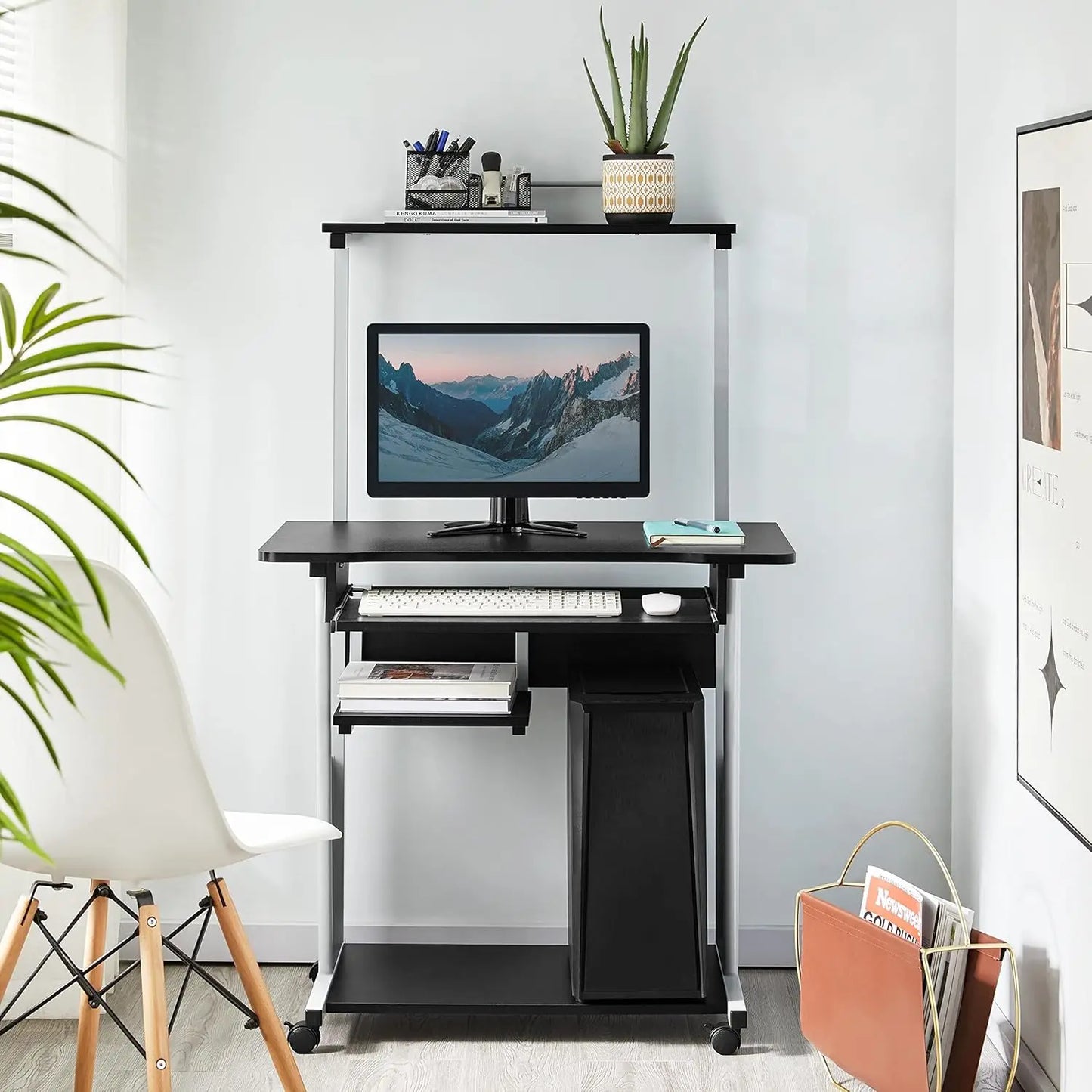 3 Tier Rolling Computer Desk with Keyboard Tray for Home Office Small Space