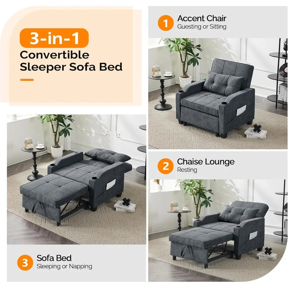 Ljustra Dark Grey 3-in-1 Convertible Sleeper Chair Bed Futon Sofa