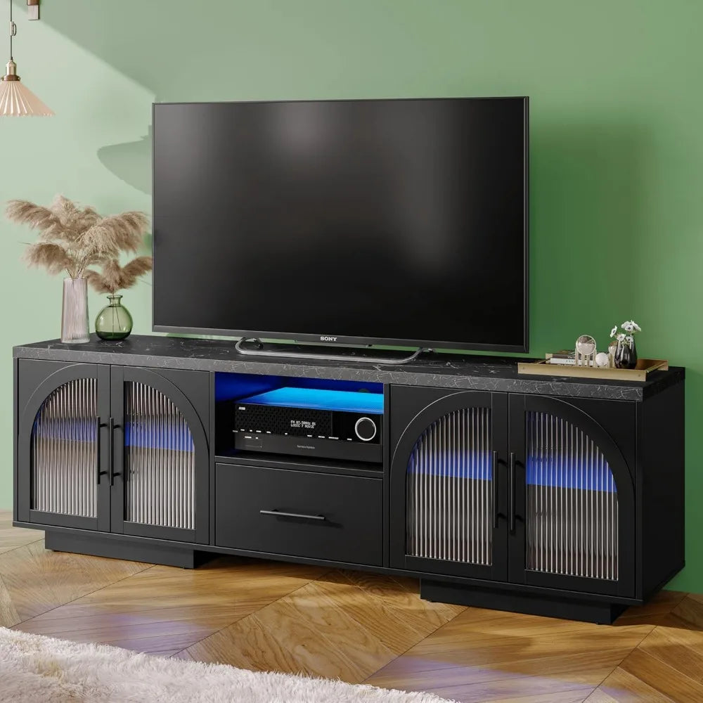 70 Inch TV Stand Entertainment Center with LED Lights and Glass Doors