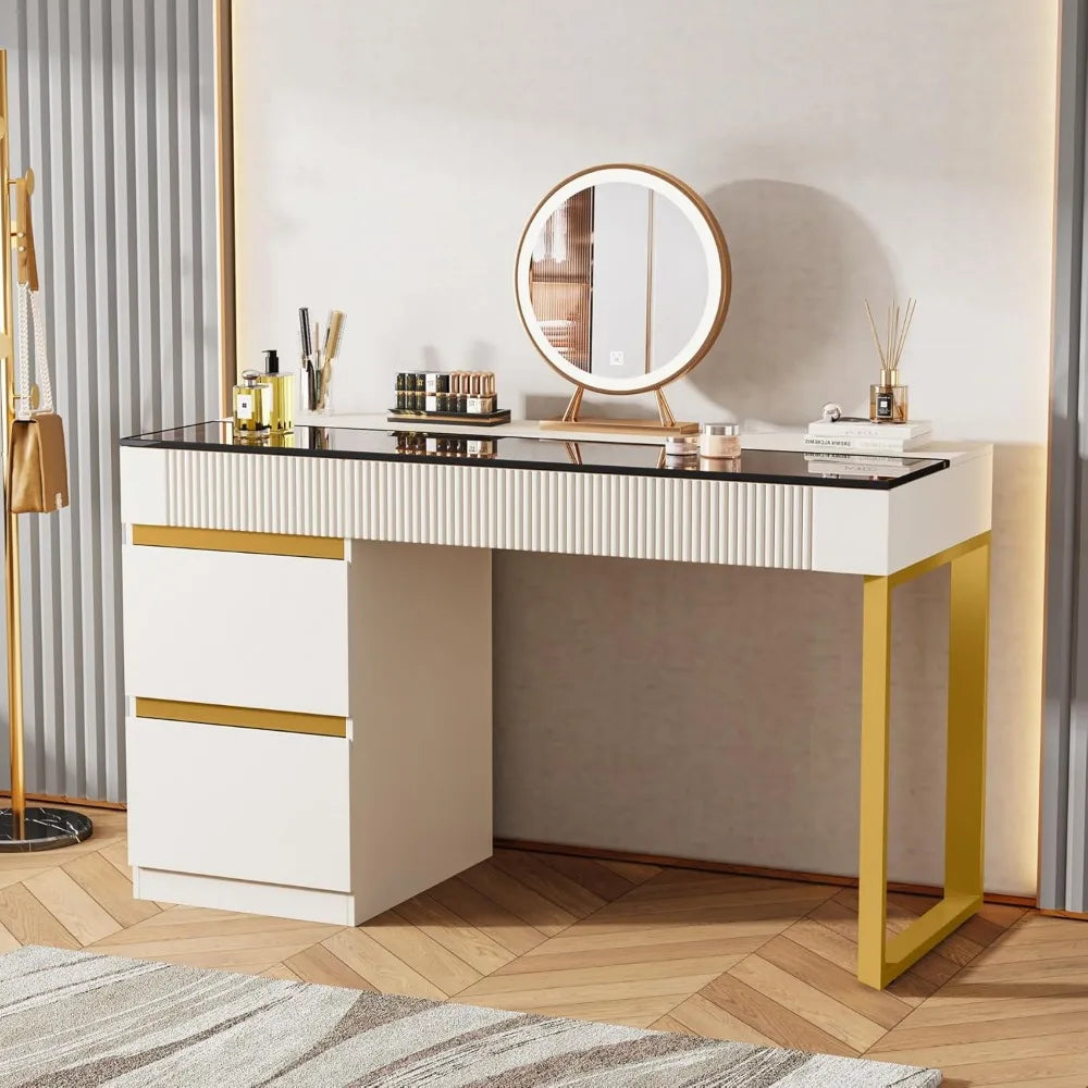 Modern Makeup Vanity Desk with Glass Top and 4 Storage Drawers