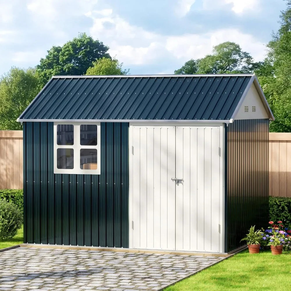 Outdoor Steel Storage Shed with Lockable Doors and Window for Garden