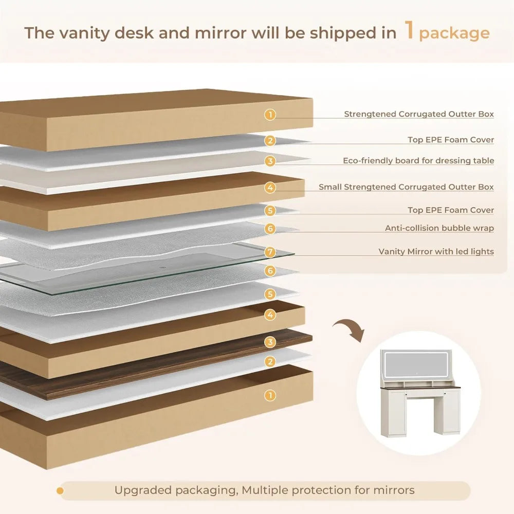 46.5 Inch Makeup Vanity Desk with Mirror LED Light and Storage Cabinets