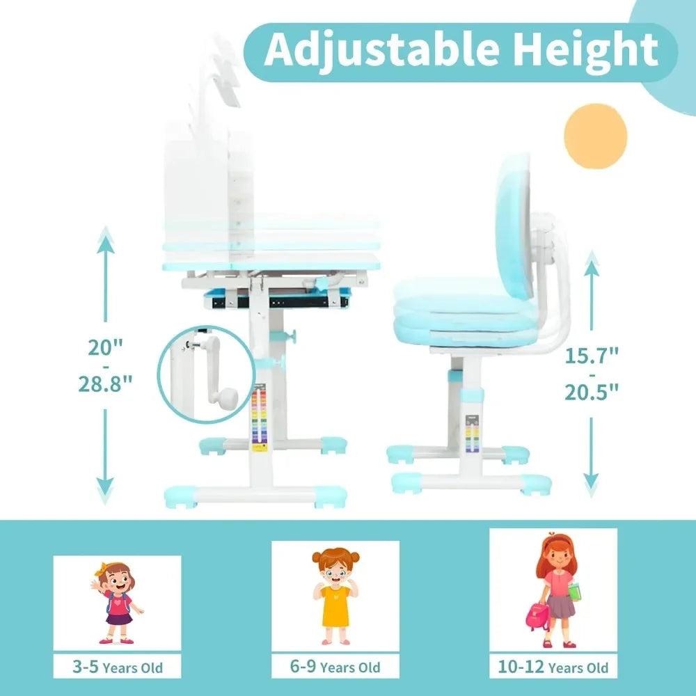 Kids Desk Chair Set Height Adjustable LED Lamp Tilting Tabletop
