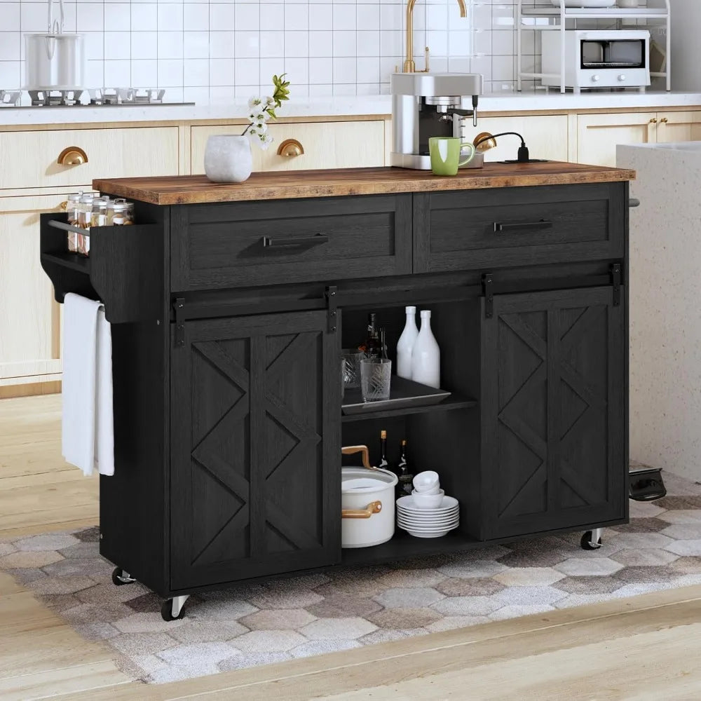 Kitchen Island Cart with Storage Power Outlet Rolling Barn Doors