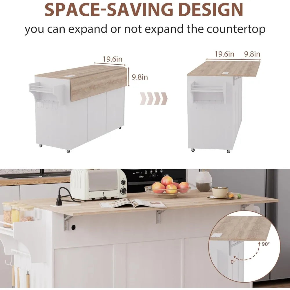 Kitchen Island with Storage Rolling Cart Drop Leaf Power Outlet