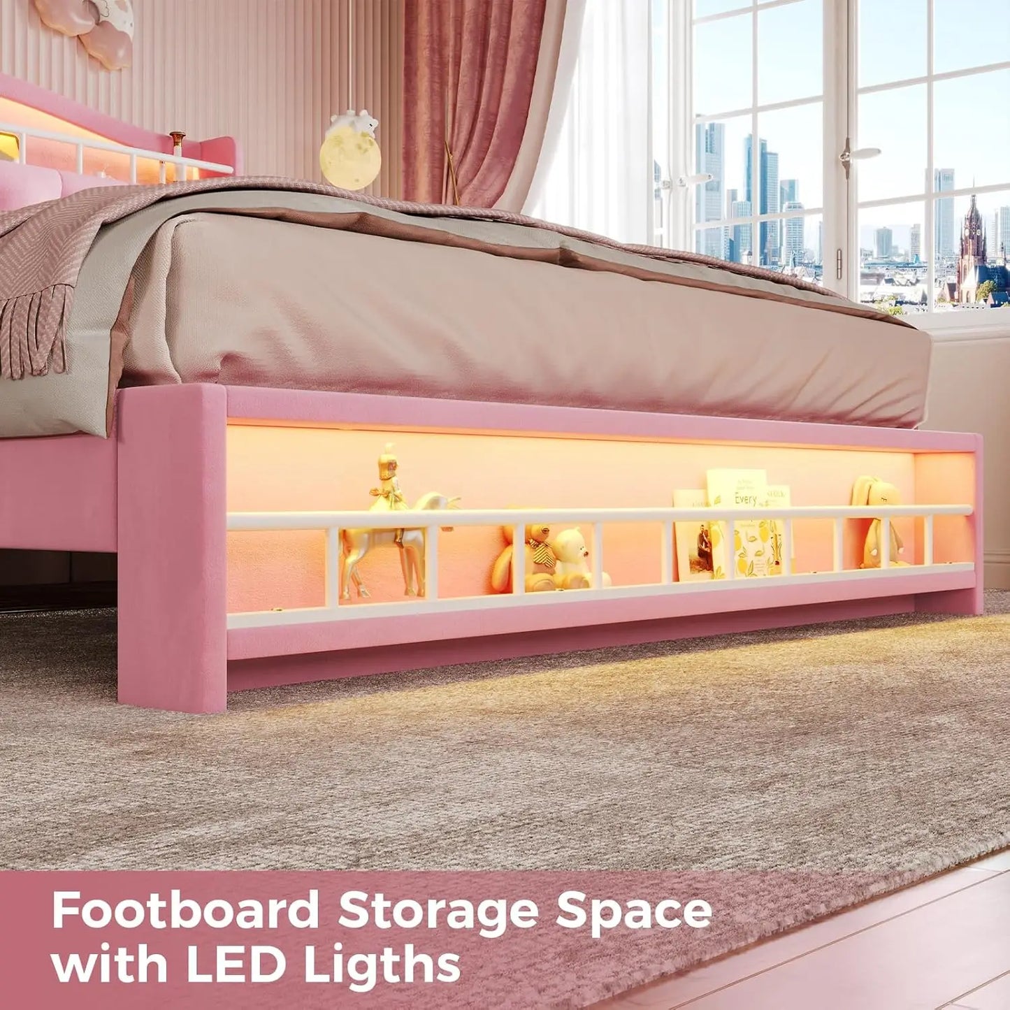 Queen Size Girls Bed with LED Lights and Charging Station Storage