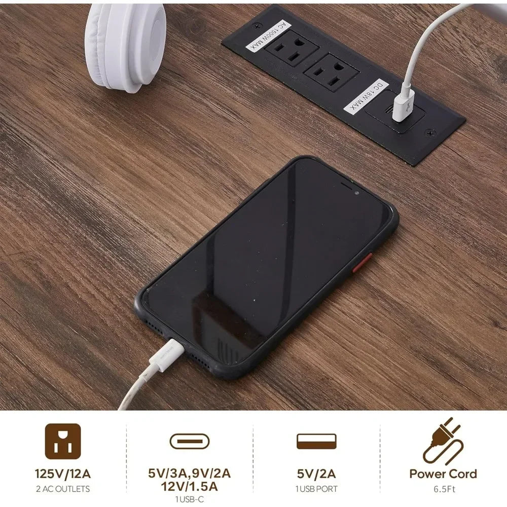 L-Shaped Executive Desk with Adjustable File Cabinet and Charging Station