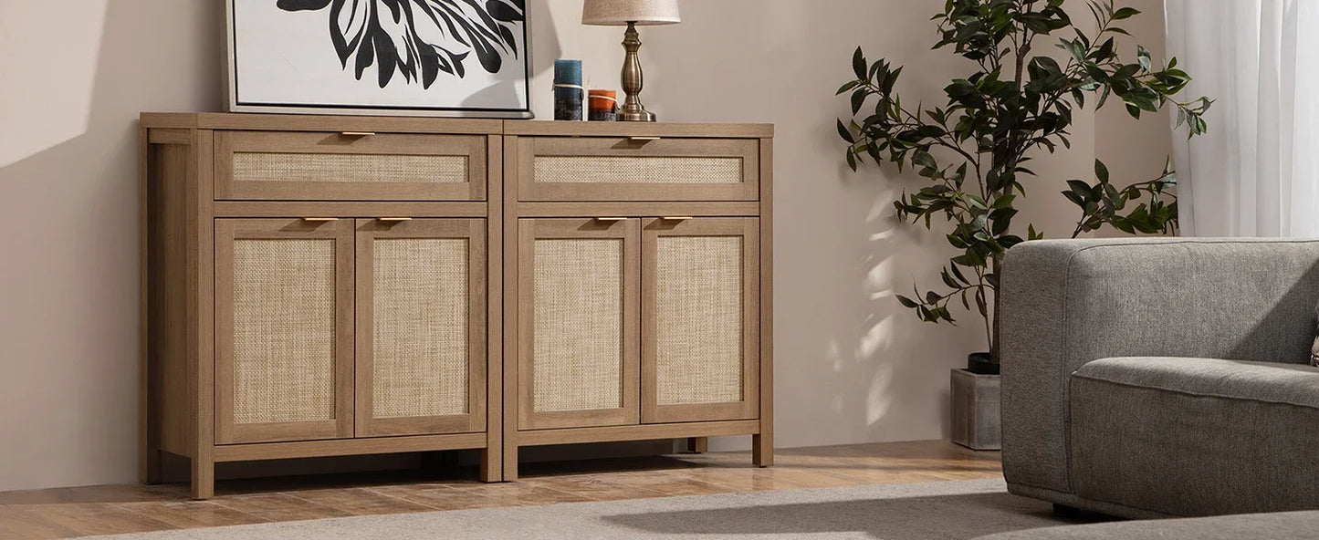 Buffet Storage Cabinet 2-piece Set Bohemian Rattan Sideboard Console
