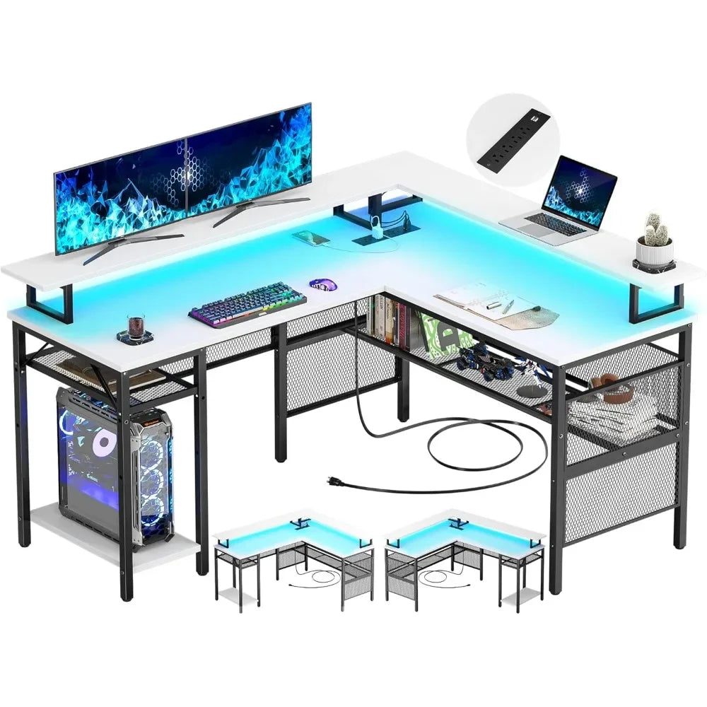 L-Shaped Desk with LED Strip Power Outlets Reversible Corner Design