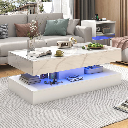 Modern Coffee Table with LED Lights Double-Layer Design Storage Drawers