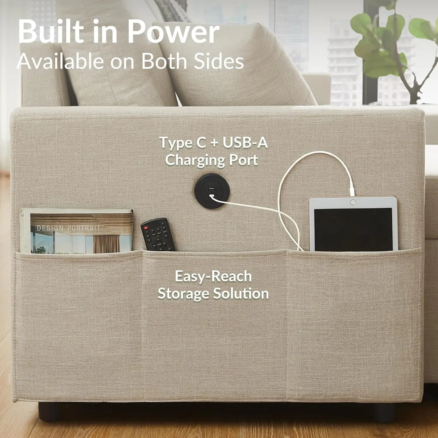 L Shaped Convertible Sleeper Sofa Bed Sectional Couch USB Charging