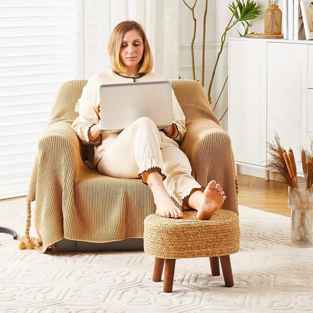 Round Seagrass Ottoman Eco-Friendly Footstool Hand Woven Pouf