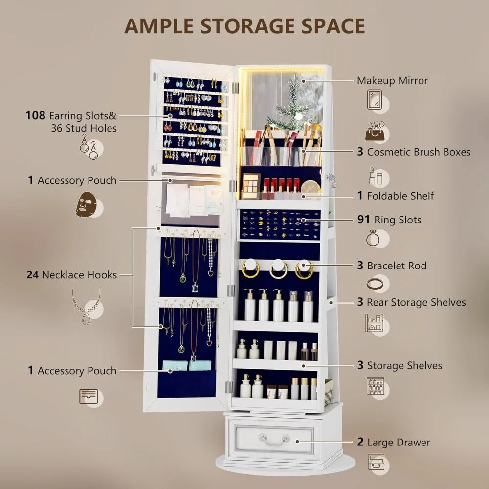 Ljustra 360° Swivel Jewelry Armoire Full Length Mirror Storage Cabinet