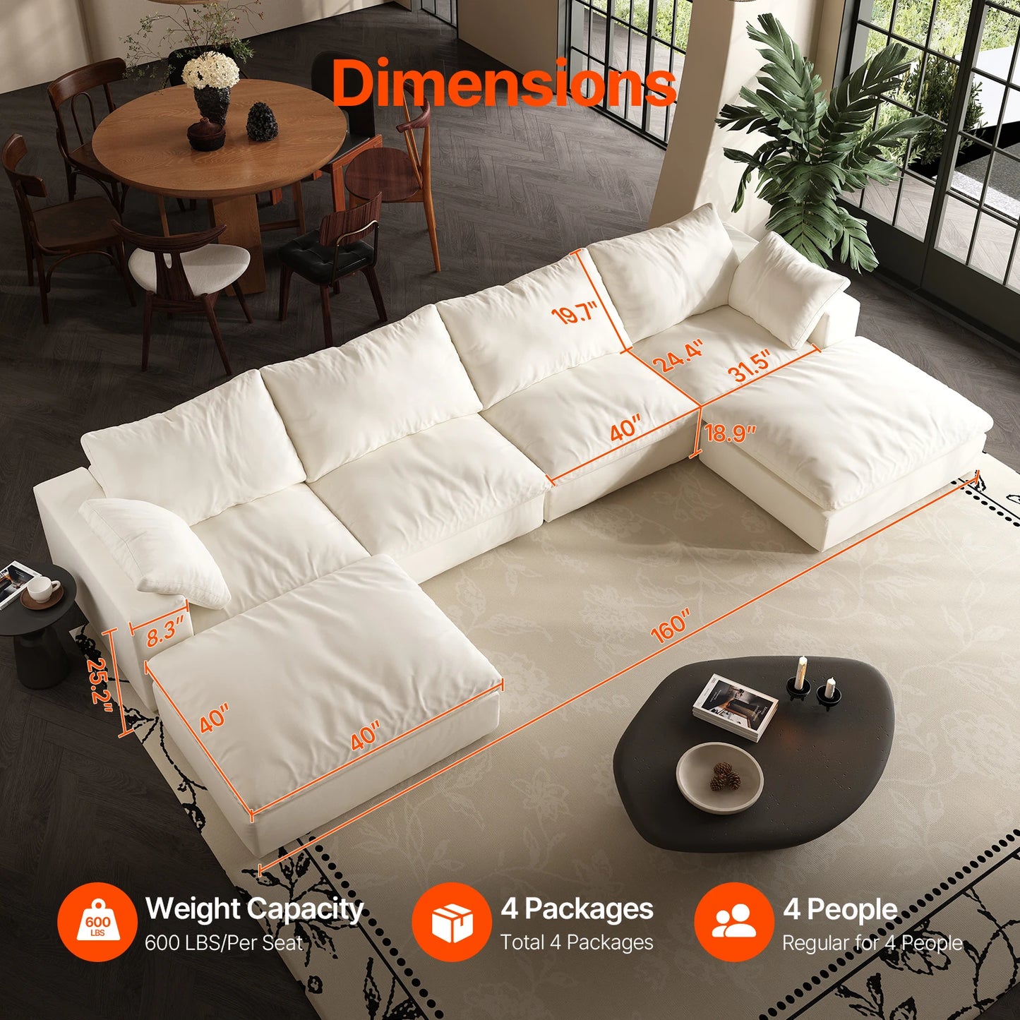 U-Shaped Cloud Couch Down-Filled Modern Modular Sectional Sofa Living Room