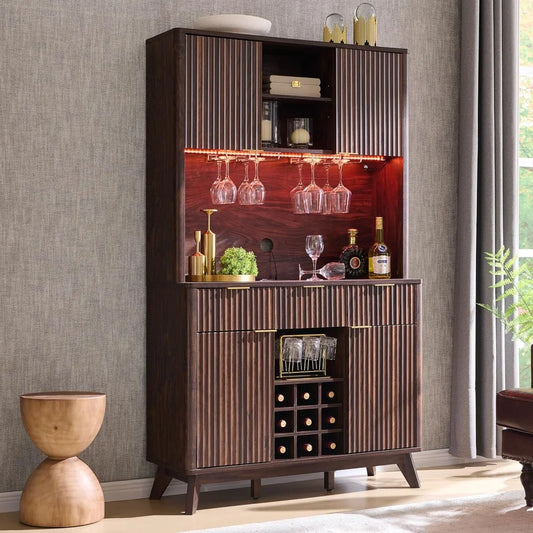 72 Inch Modern Wood Wine Bar Cabinet Storage Hutch with LED Lights