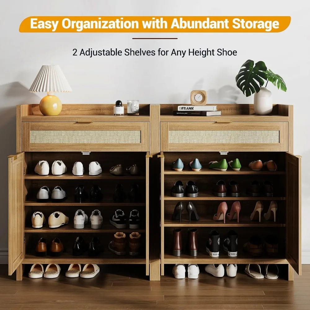Farmhouse Rattan Shoe Cabinet 32.4” Boho Style Organizer Storage