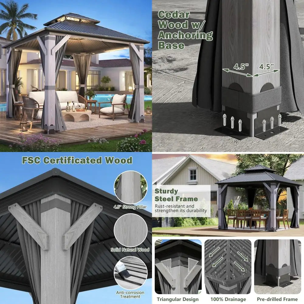 8.5ft Cedar Wood Hardtop Gazebo Double Roof Outdoor Pavilion