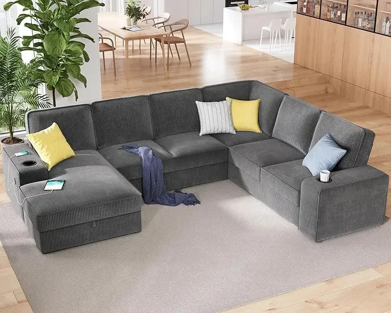 112 Inch U Shaped Sectional Sofa with USB Ports and Storage Chaise