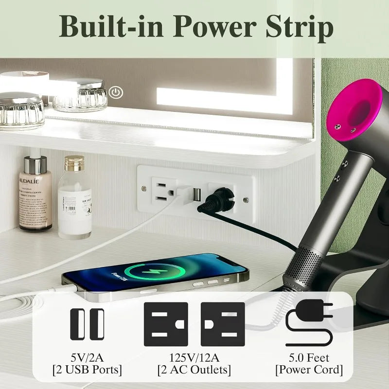 Makeup Vanity Desk with Mirror and Lights Compact Storage Shelves Chair