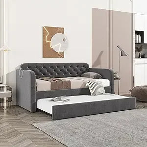 Twin Size Upholstered Daybed with Trundle Velvet Sofa Bed USB Port