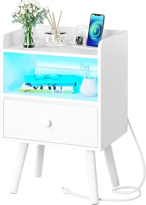 Nightstand with Charging Station LED Lights Modern Bedroom Furniture