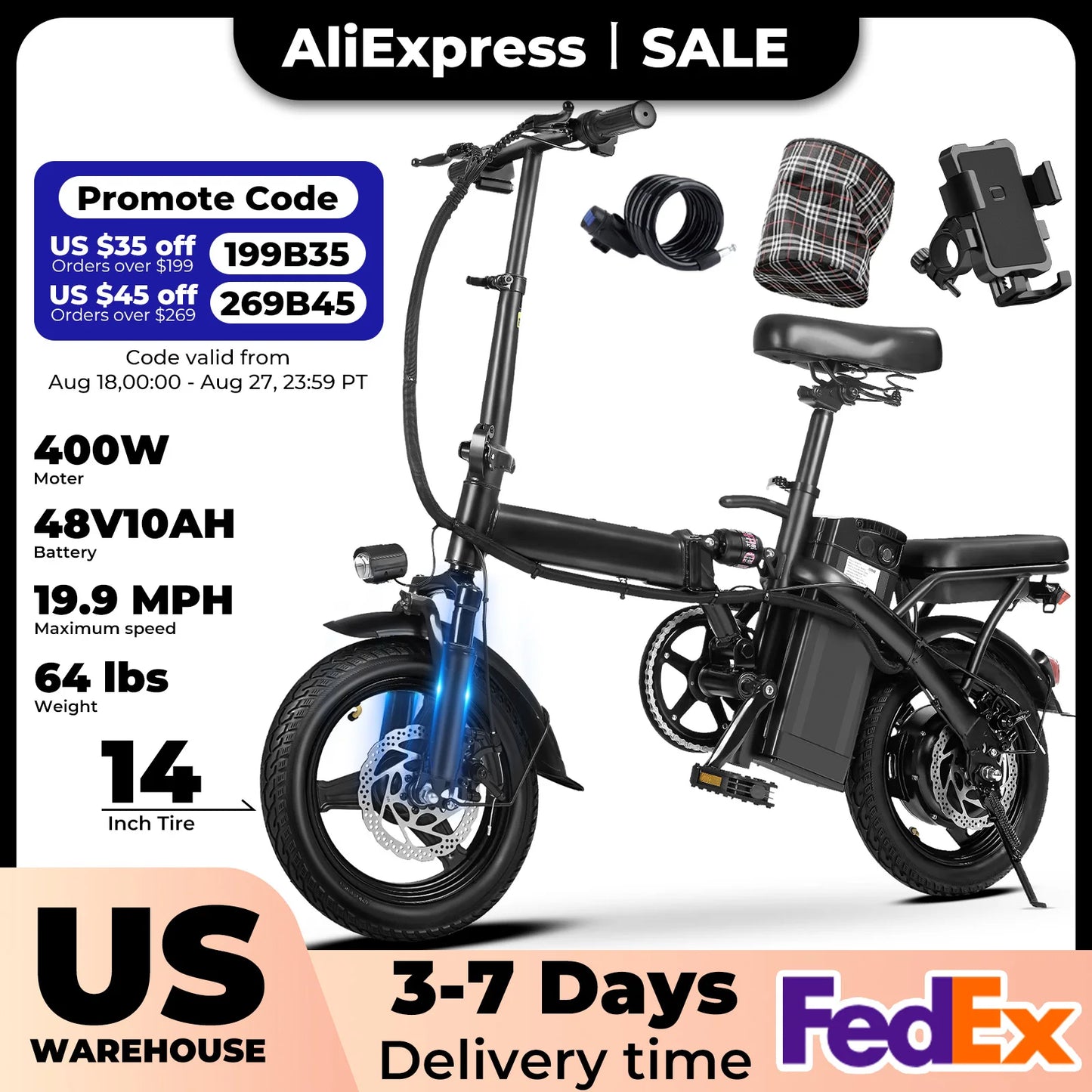 Ljustra 400W Foldable Electric Bicycle 14 Inch 22 Mile Range 20MPH
