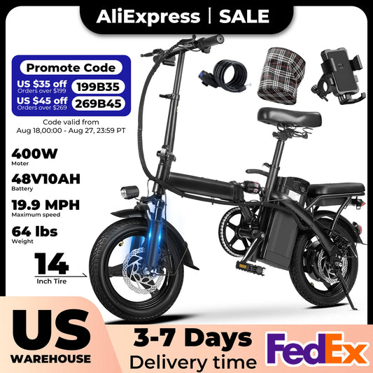Ljustra 400W Foldable Electric Bicycle 14 Inch 22 Mile Range 20MPH