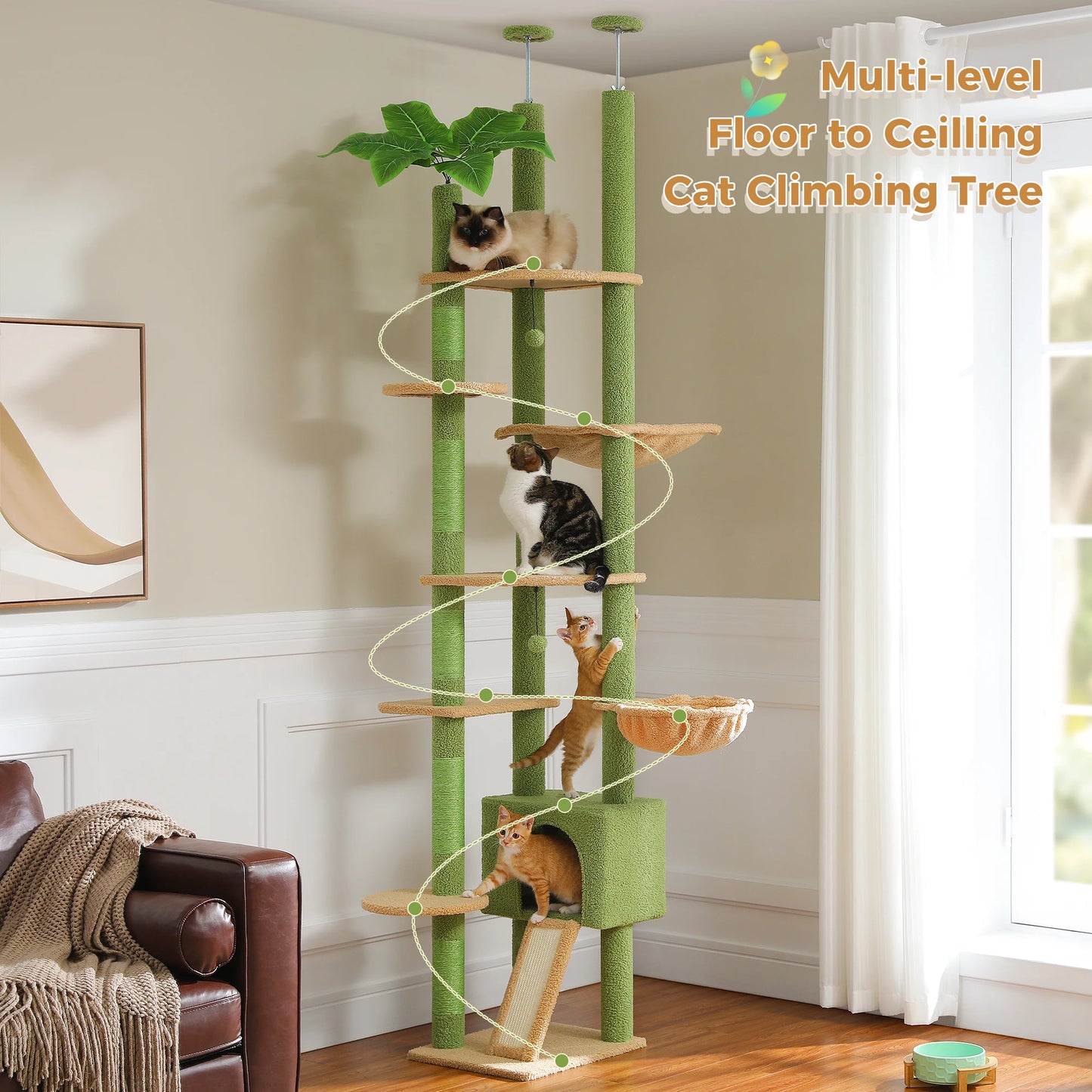 Floor to Ceiling Cat Tree Adjustable Height Wooden Tower with Scratching Posts