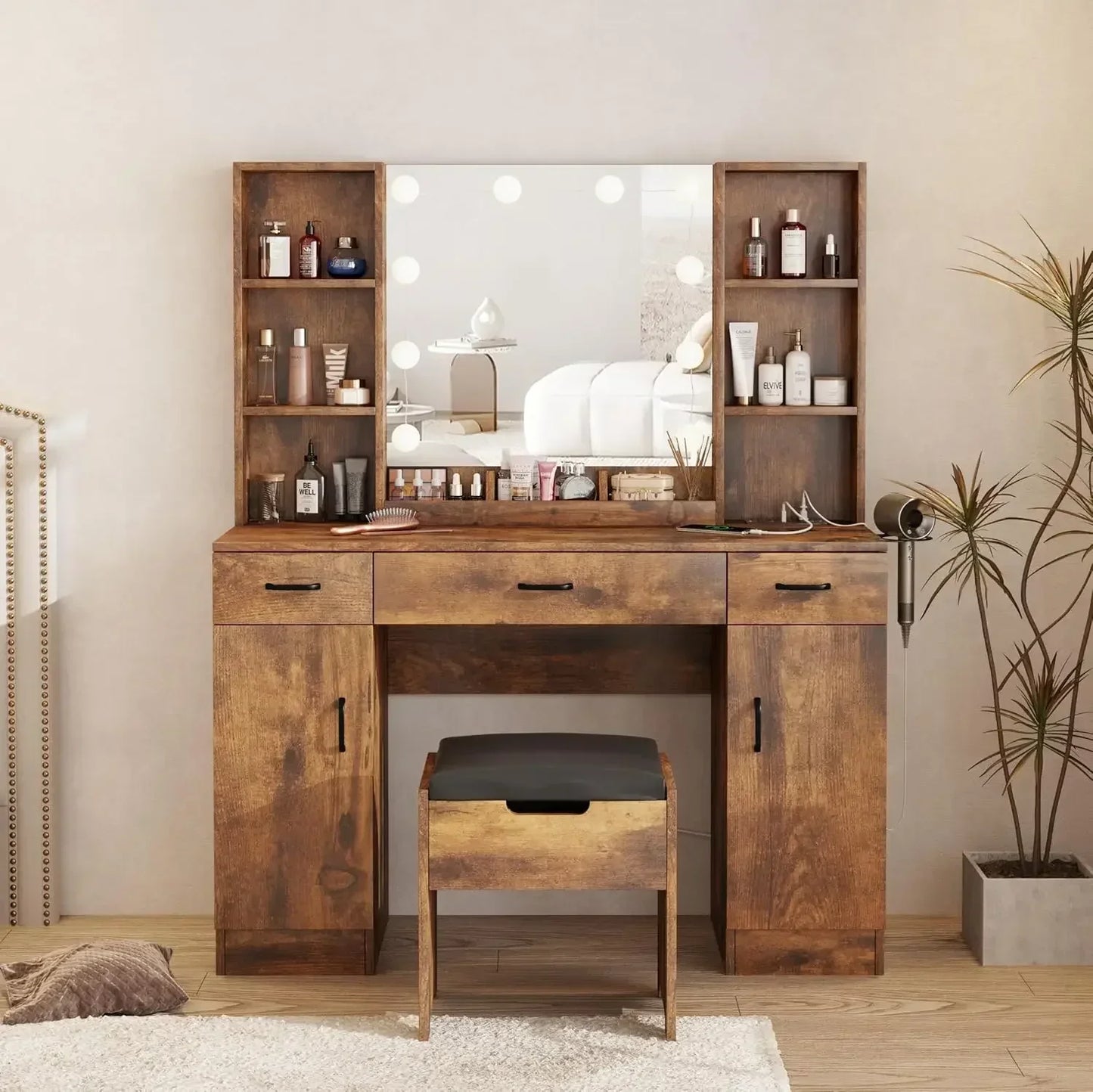 Makeup Vanity Table with Lighted Mirror and Storage 3 Lighting Modes