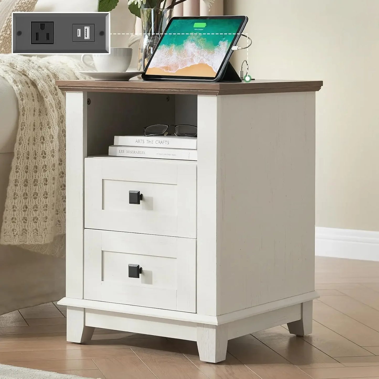 18 Farmhouse End Table Nightstand with Charging Station and 2 Drawers