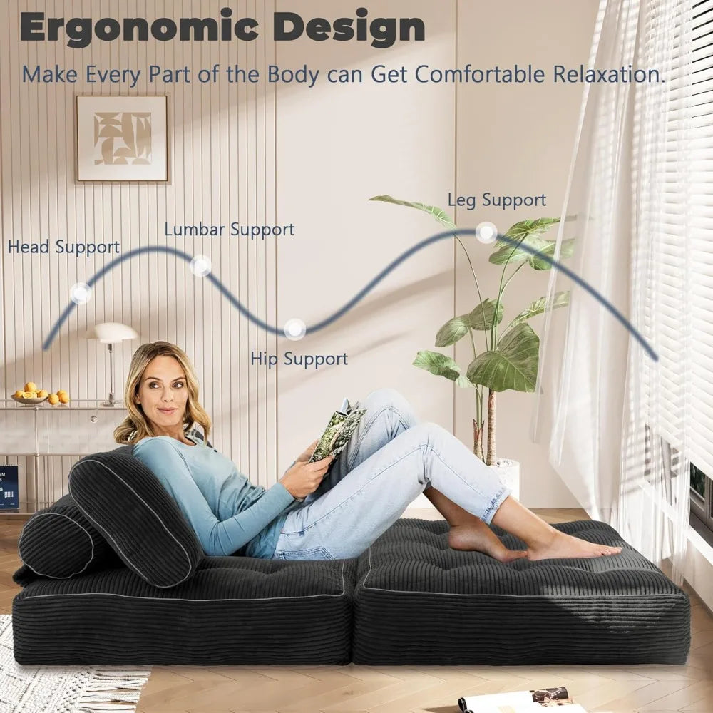 5-in-1 Convertible Corduroy Sleeper Chair Bed, Folding Sofa Couch with Pillow – Black