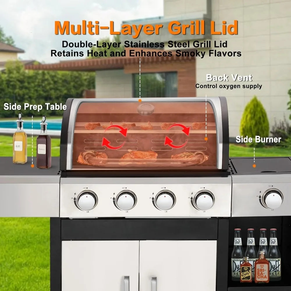 4-Burner Propane Gas Grill with Side Burner and Cabinet 49000 BTU BBQ