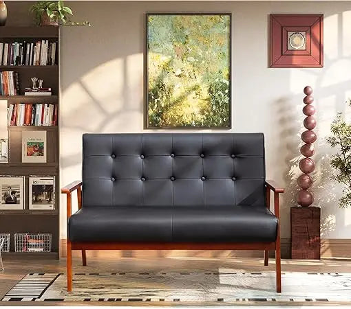 Black Small Leather Couch Mid Century Loveseat Office Booth Seating