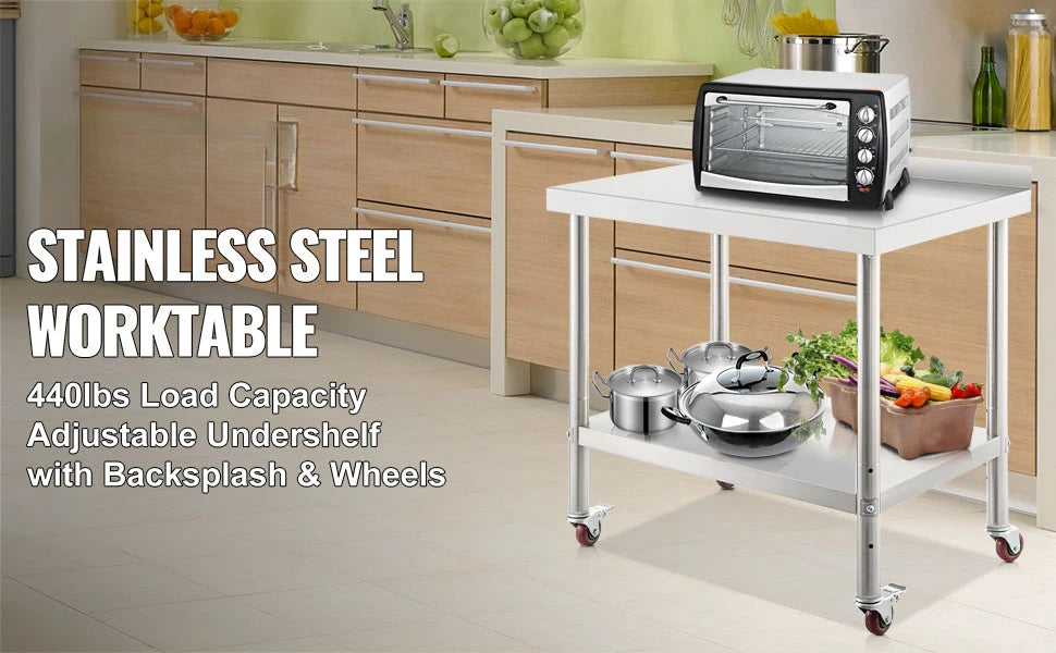 Heavy Duty Stainless Steel Kitchen Prep Table with Backsplash and Casters