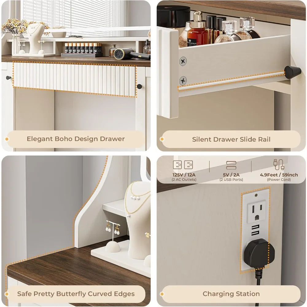 46.5 Inch Makeup Vanity Desk with Mirror LED Light and Storage Cabinets