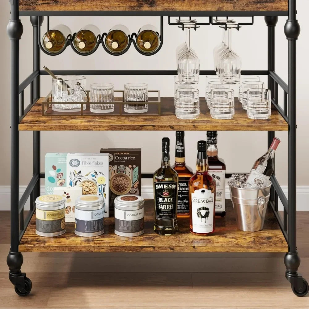 Ljustra 3 Tier Bar Cart with Wheels Wine Rack Industrial Serving Cart