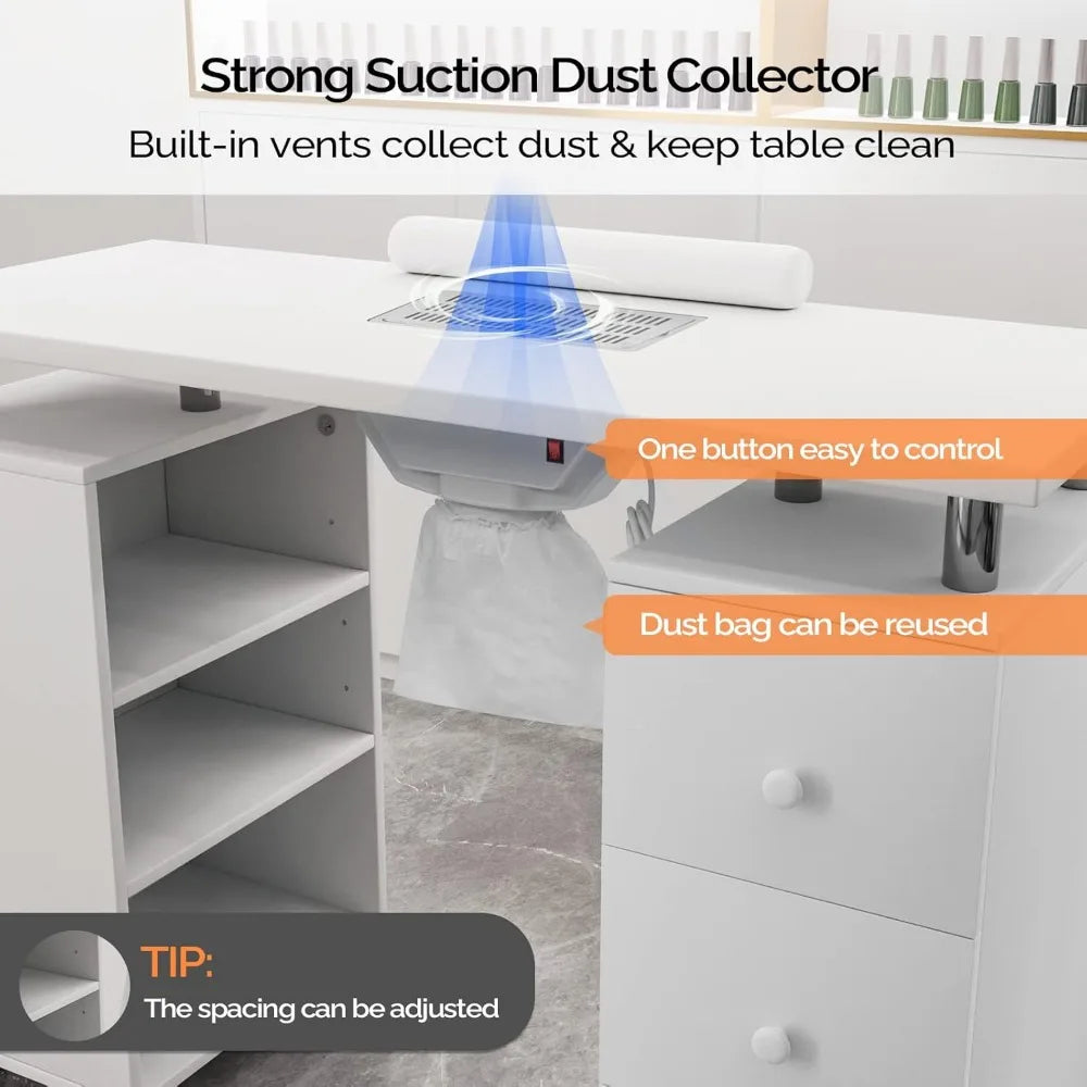 Manicure Table Nail Desk with Electric Downdraft Vent Lockable Wheels