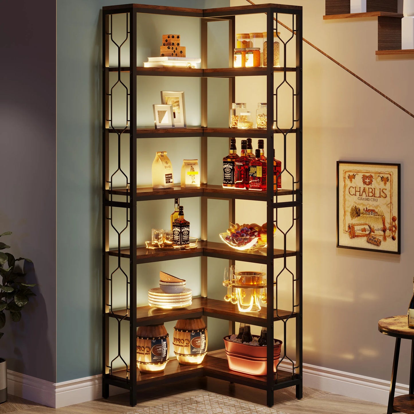 Ljustra 7-Tier Industrial Corner Shelf Wood Metal Bookcase Display Unit