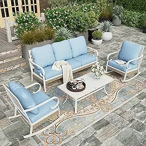 4-Piece Patio Furniture Set Rattan Rocking Chairs Sofa Marble Table