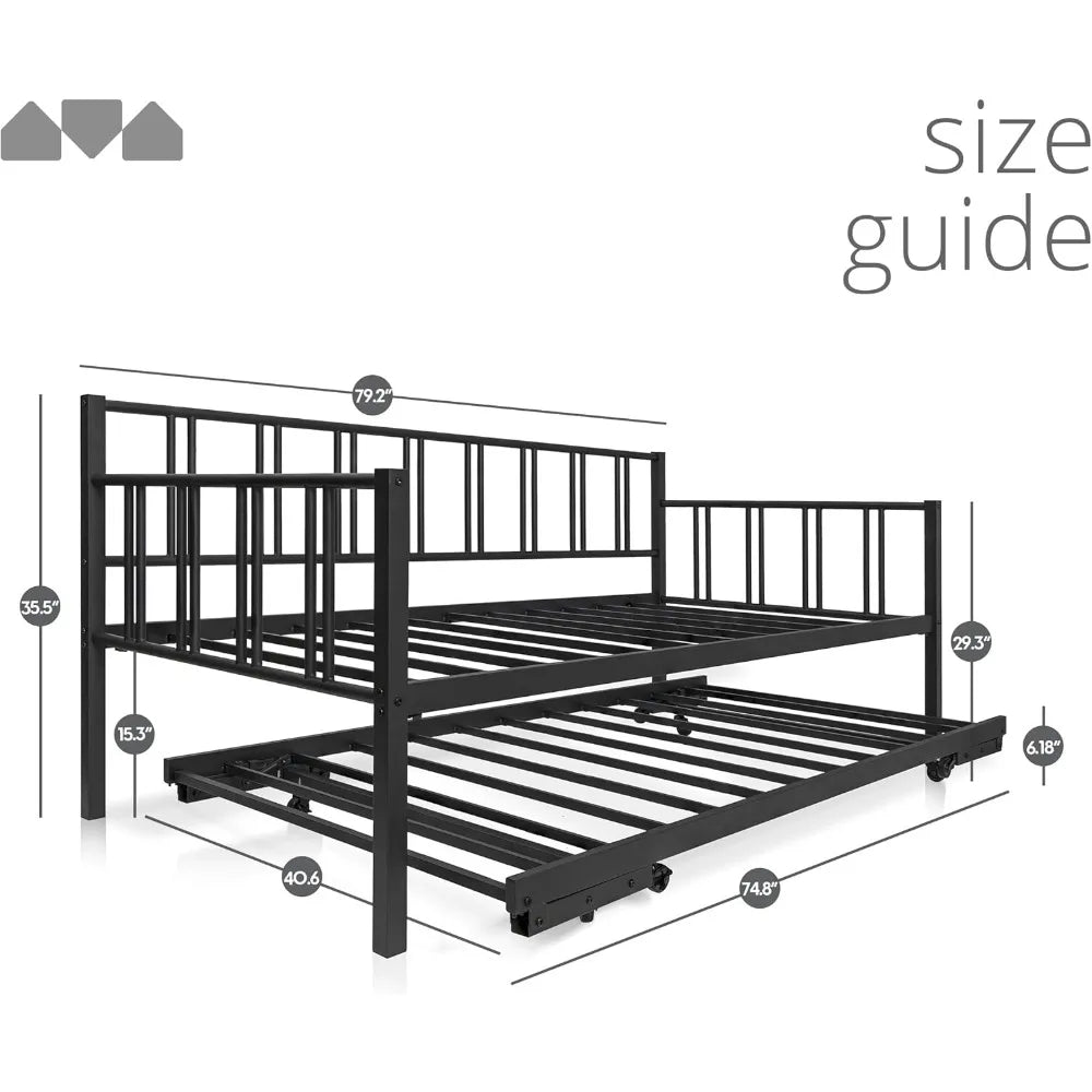 Modern Black Twin Daybed with Pop-Up Trundle and Backrest for Small Spaces