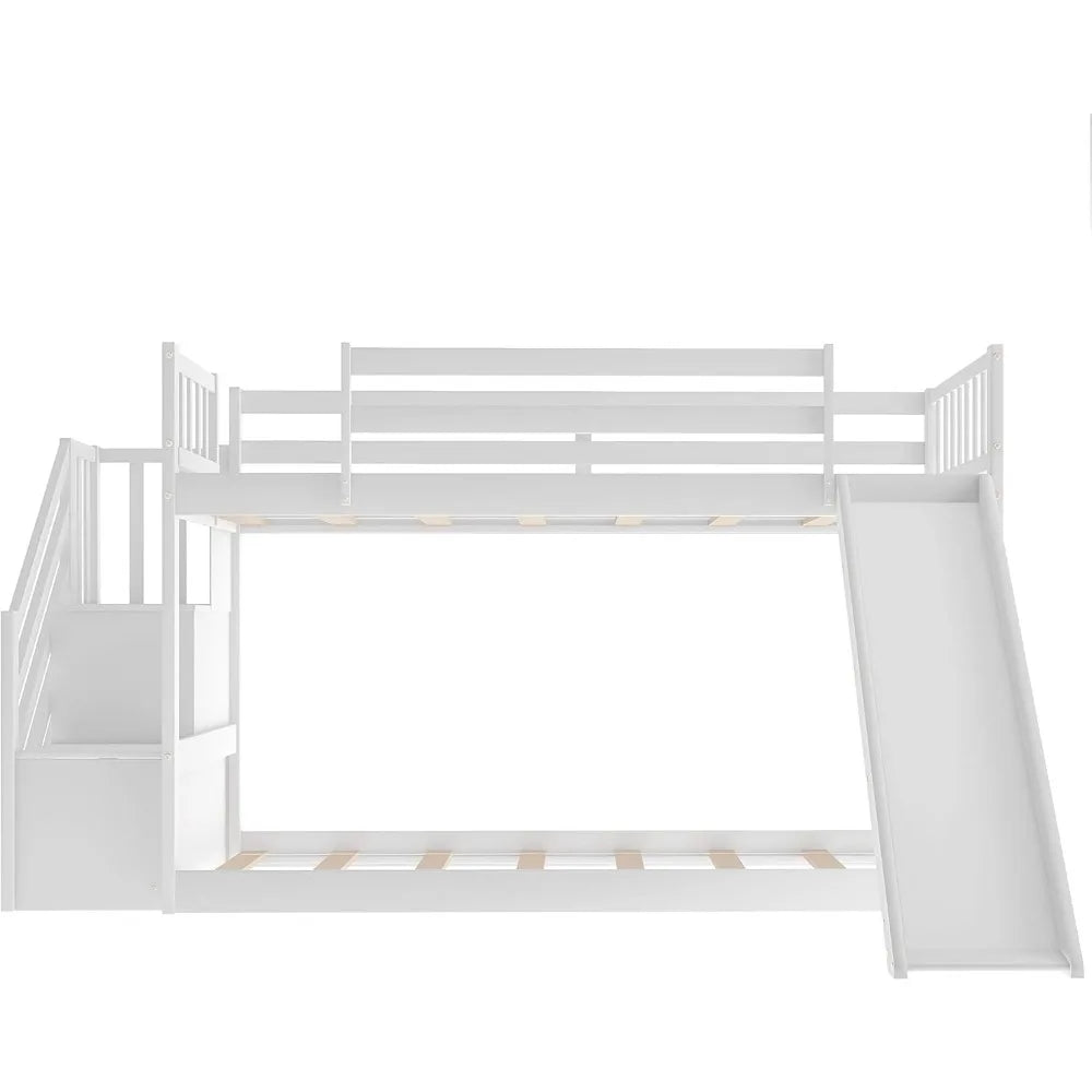 Softsea Twin Over Twin Low Bunk Bed with Slide and Stairs for Kids