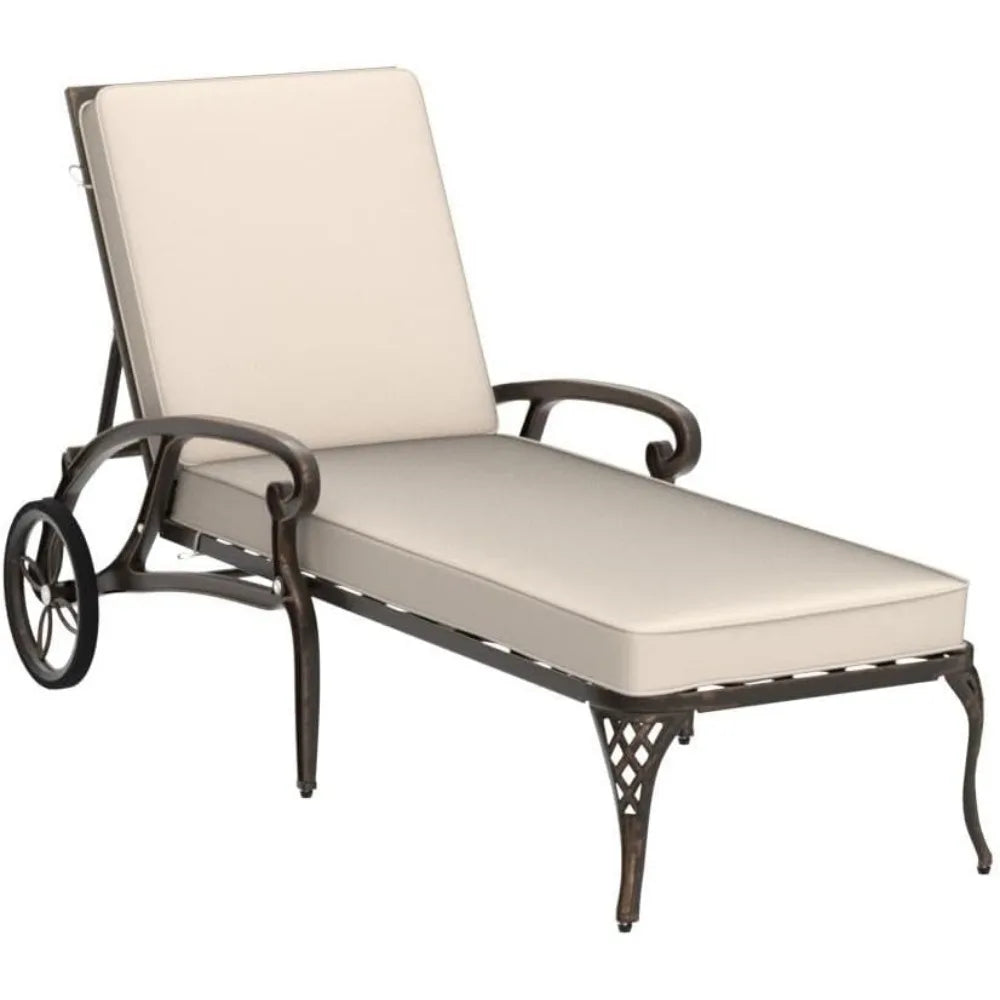 Cast Aluminum Outdoor Chaise Lounge Chair Adjustable Backrest Wheels